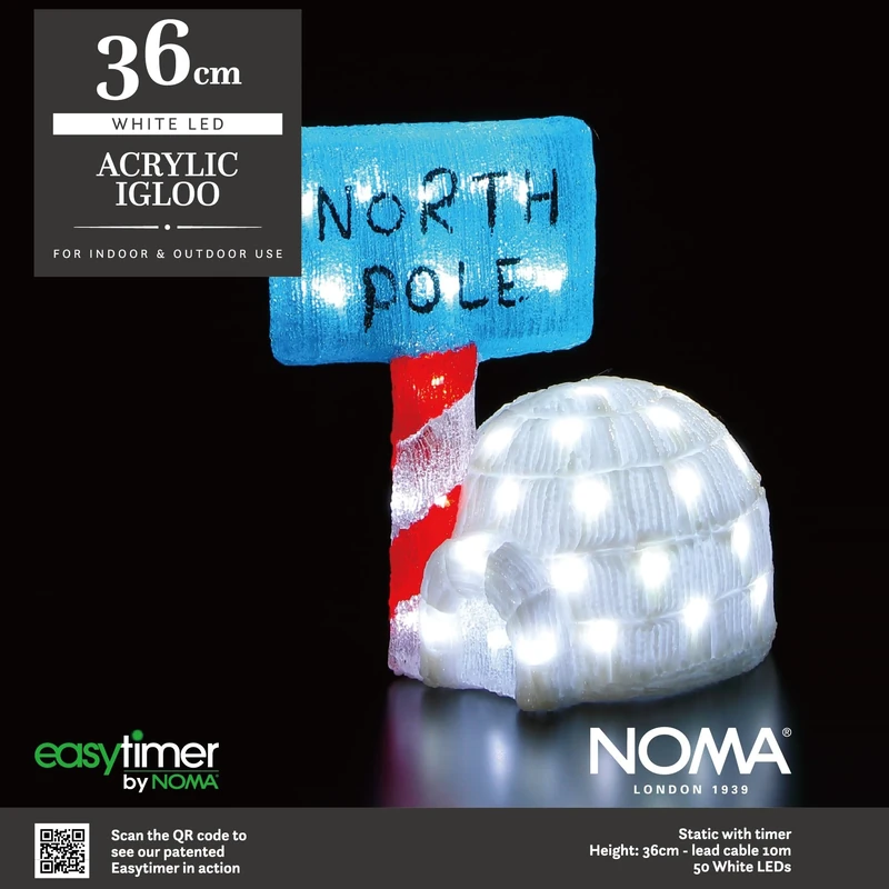 Noma Igloo with North Pole Sign Christmas Decoration, 50 White LED's, 36 cm (Pack of 1)