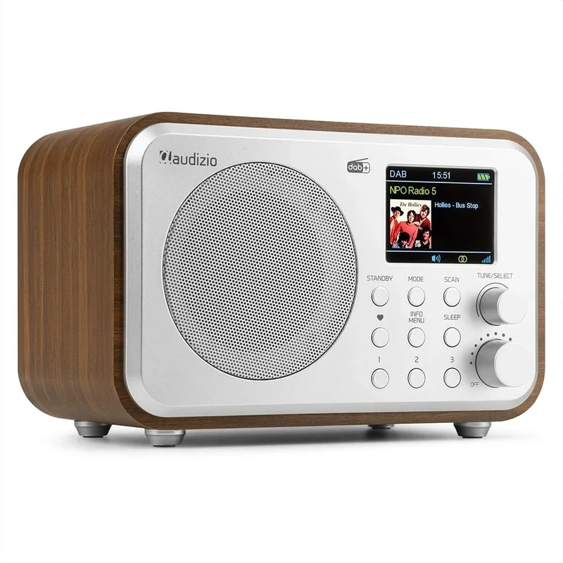 Audizio Milan Portable DAB Radio with Bluetooth, Built-In Rechargeable Battery, DAB+, FM, 40 Presets, TFT Colour Display, Headphone & Line Out - Stylish Silver/Wood Finish