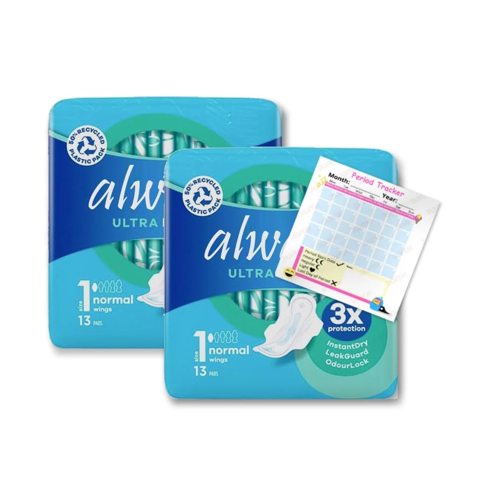 Always Ultra Day Sanitary Towels - 26 Pads, Size 1, Normal with Wings, 3X Protection, InstantDry, LeakGuard, OdourLock, Dermatologically Tested, Pack of 2X 13