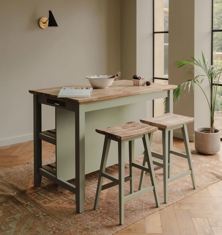 Statement Furniture Florence Breakfast Bar, Slatted Shelves, Hidden Tray, Chopping Board, Acacia Wood Top, Kitchen Island W126cm H91cm D78cm (sage green)