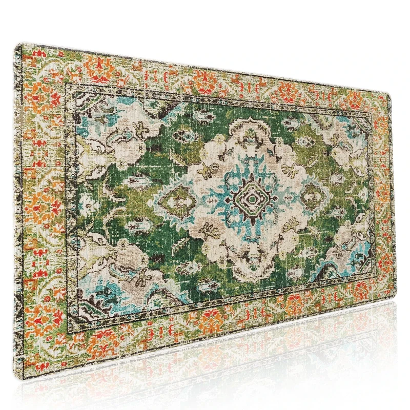 Vintage Rug Mouse Pad XXL Green Orange Retro Carpet Aesthetic Extended Table Mat 90X40 cm Non-Slip Rubber Base Stitched Edge Large Mousepad for Gaming Laptop Computer Desk Top 35.4×15.7 Inch