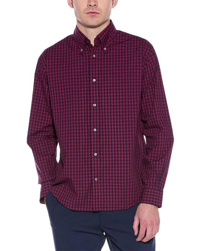 Brooks Brothers Men's Friday Poplin Long Sleeve Pattern Sport Shirt, Navy/Red Gingham, S