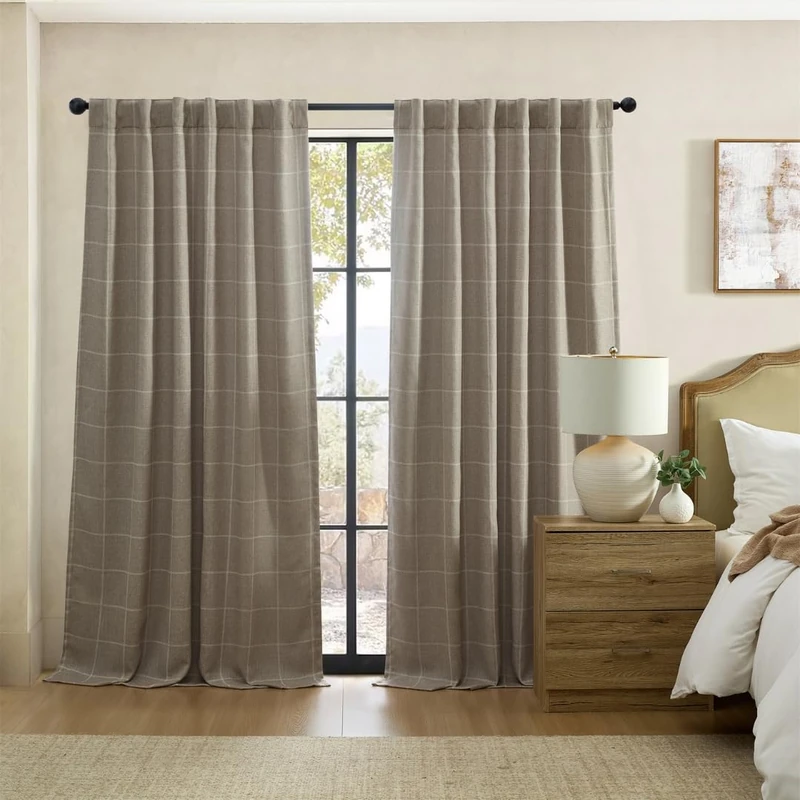 Elrene Home Fashions Sawyer Windowpane Plaid Blackout Window Curtain Panel with Rod Pocket/Back Tabs for Living Room/Bedroom/Office, 52"x95", Taupe