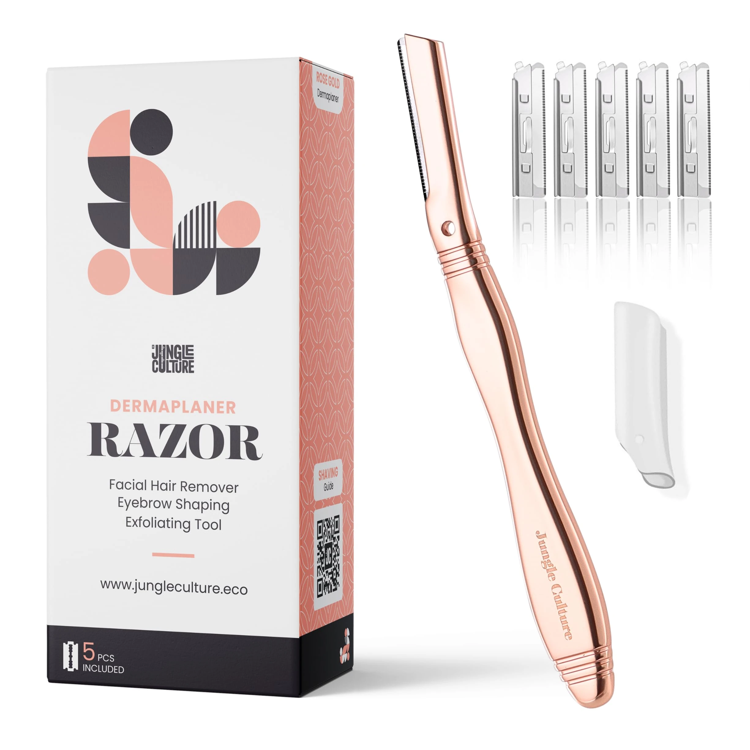 Jungle Culture Dermaplane Razor - Eyebrow Shaping, Precision Exfoliation & Hair Removal for Radiant, Smooth Skin - Dermaplaning Kit with 5 Replaceable Blades - Low-Waste Facial Razors - Rose Gold