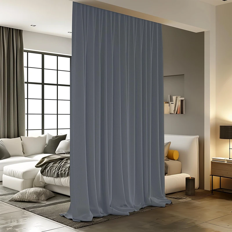 Room Divider Curtains, Blackout Ceiling Track Curtains with Hooks for Noise Reduction Privacy - 15 ft Wide x 9 ft Tall, Dark Grey, 1 Panel
