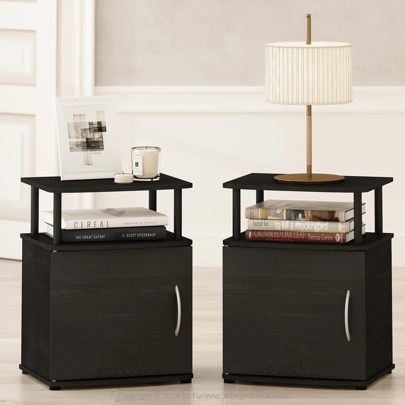 Furinno TIDUR Night Stand Set of 2, Nightstand with Open Shelf and Door Cabinet, Round Corner Bedside Table, End Table, Side Table, for Bedroom, Living Room, Black