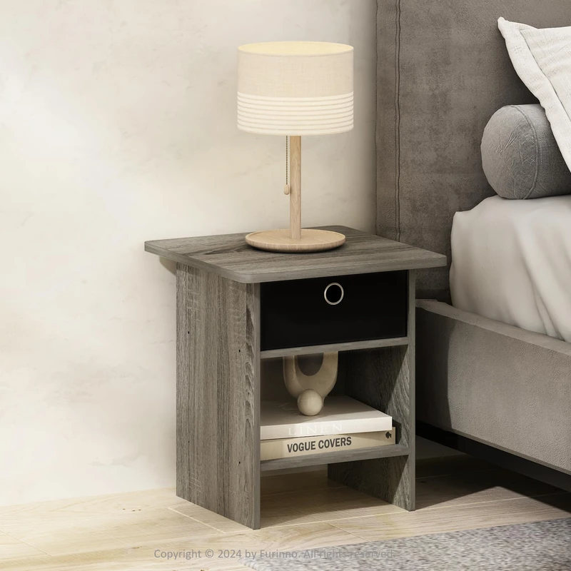 Furinno TIDUR Night Stand, Square Round Corner Nightstand with Storage Bin, Bedside Table, End Table, Side Table with Storage Shelf, for Bedroom, Living Room, French Oak