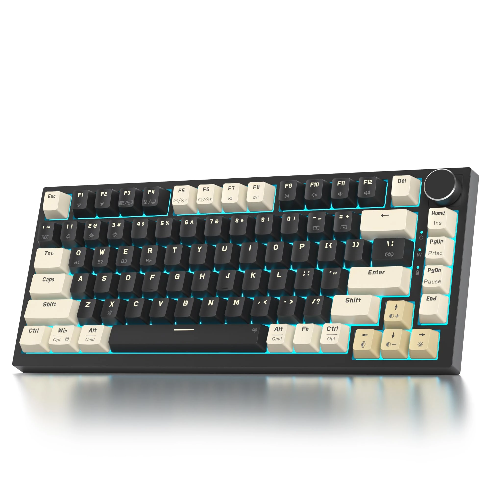 SOLIDEE Wireless 75 Percent Mechanical Keyboard with Knob,Bluetooth 5.0/2.4GHz/USB-C Gasket Mount Keyboard,Hot Swappable/RGB Backlit Mechanical Gaming Keyboard with Cream Grey Switch(82 Black)