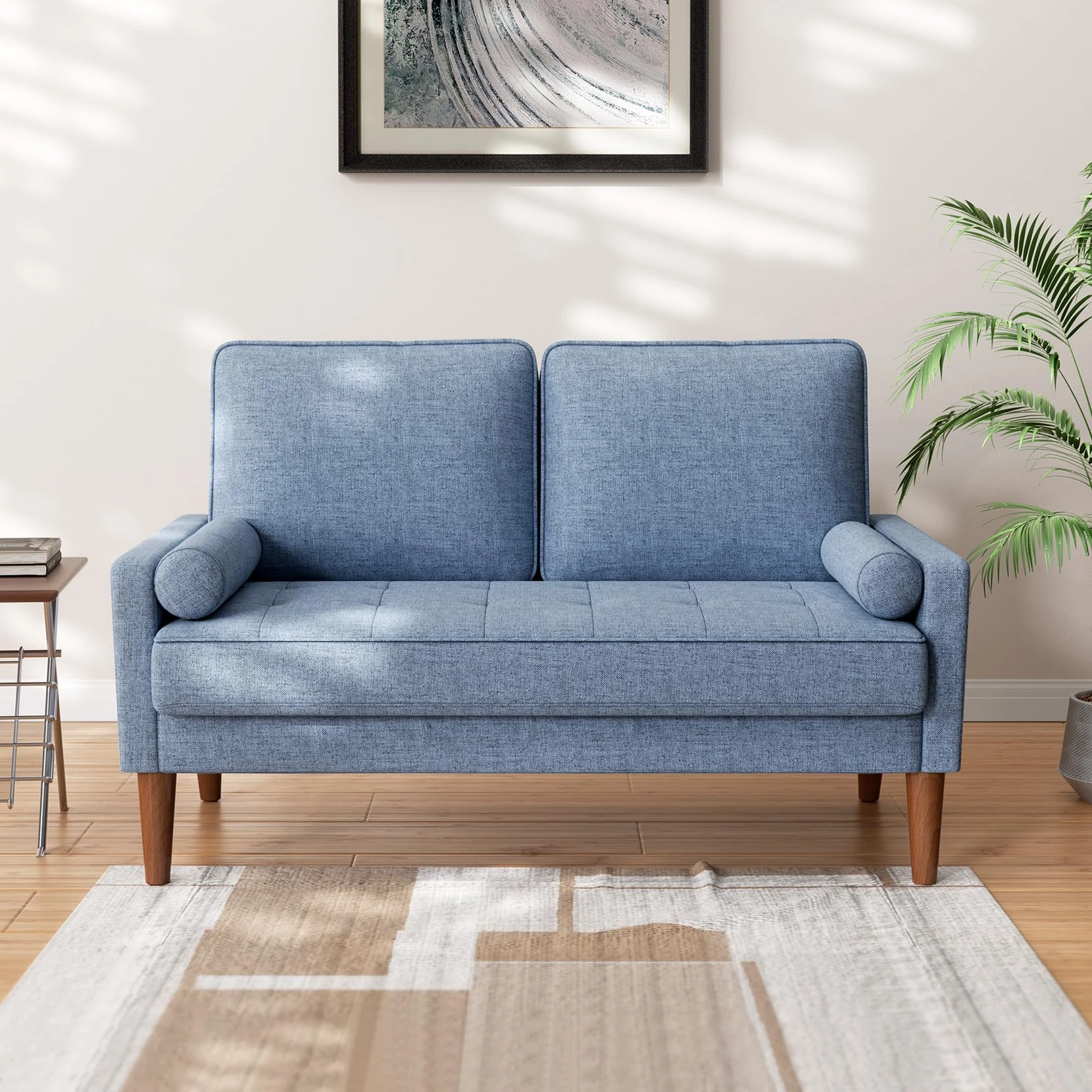 Vesgantti Small 2 Seater Blue Comfy Linen Modern Love Seat Sofa for Living Room & Bedroom
