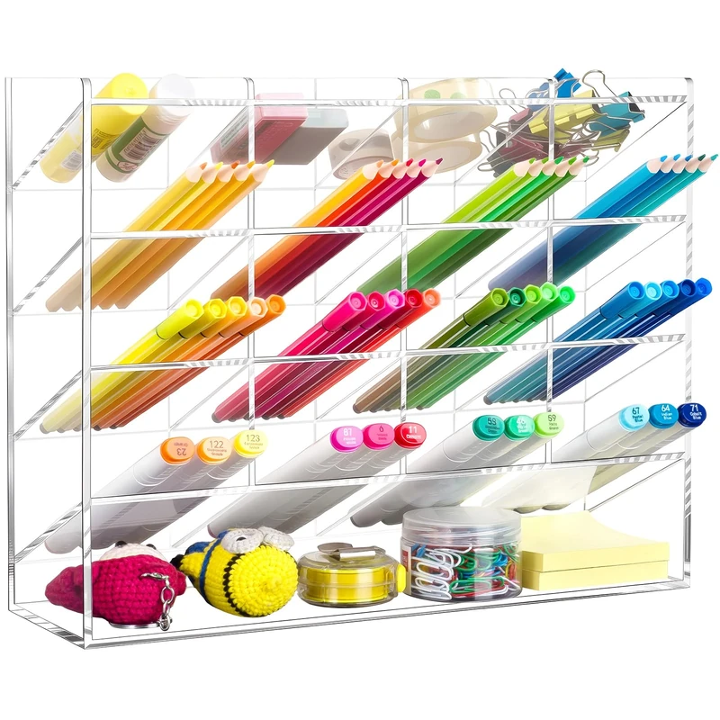 BEYGORM Acrylic Vertical Marker Organizer for 200 Markers,Angled Pen Holders Desktop Organization,Clear Large Stationary Pencil Holder for Desk,Art Supply Storage Organizers for School Supplie