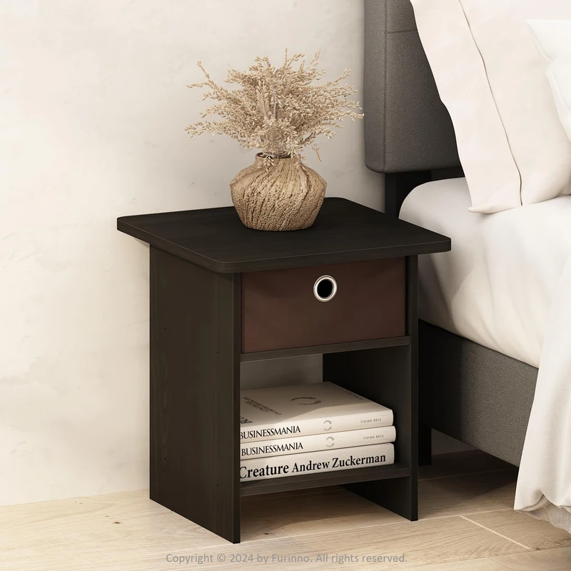Furinno TIDUR Night Stand, Square Round Corner Nightstand with Storage Bin, Bedside Table, End Table, Side Table with Storage Shelf, for Bedroom, Living Room, Espresso