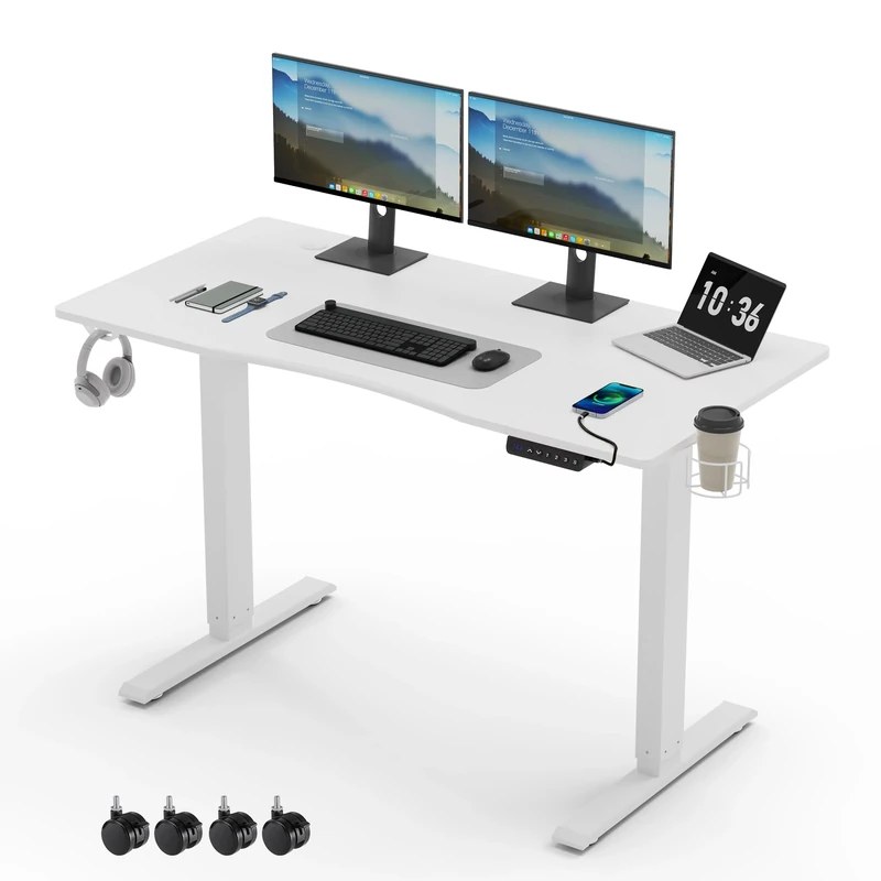 Mondeer Electric Standing Desk, Height Adjustable Sit Stand Desk with USB Charging and 3 Memory Smart Pannel, 120x60cm, Home Office Desk, White