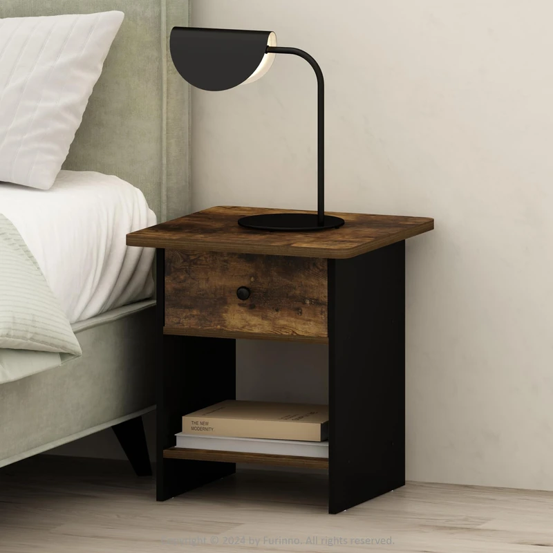 Furinno TIDUR Night Stand, Square Round Corner Nightstand with Storage Bin, Bedside Table, End Table, Side Table with Storage Shelf, for Bedroom, Living Room, Amber Pine