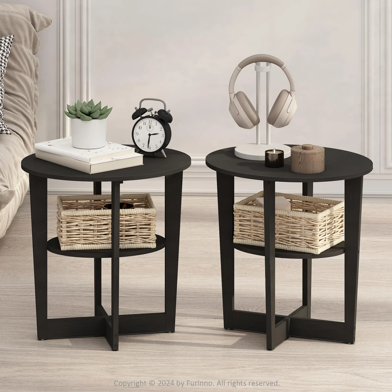 Furinno TIDUR Night Stand Set of 2, 2-Tier Oval Nightstand with Round Edge Tabletop, Open Shelf Bedside Table, End Table, Side Table, for Bedroom, Living Room, Walnut