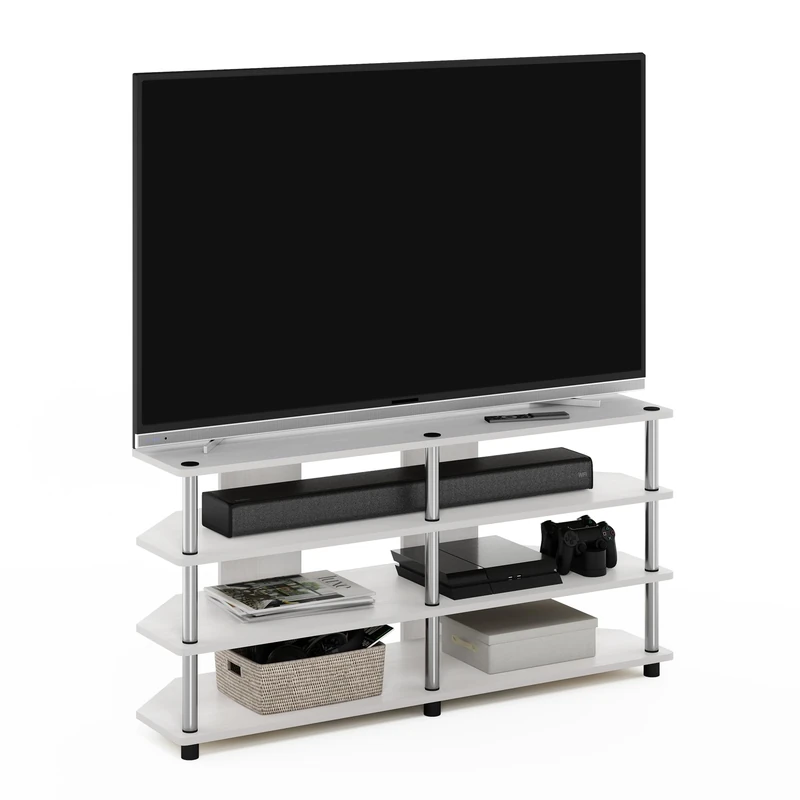 Furinno ECON TV Stand, 4-Tier Corner Entertainment Center, TV Console for TV up to 55 Inch, Easy Assembly, for Living Room, Bedroom, White Oak/Stainless Steel Tubes