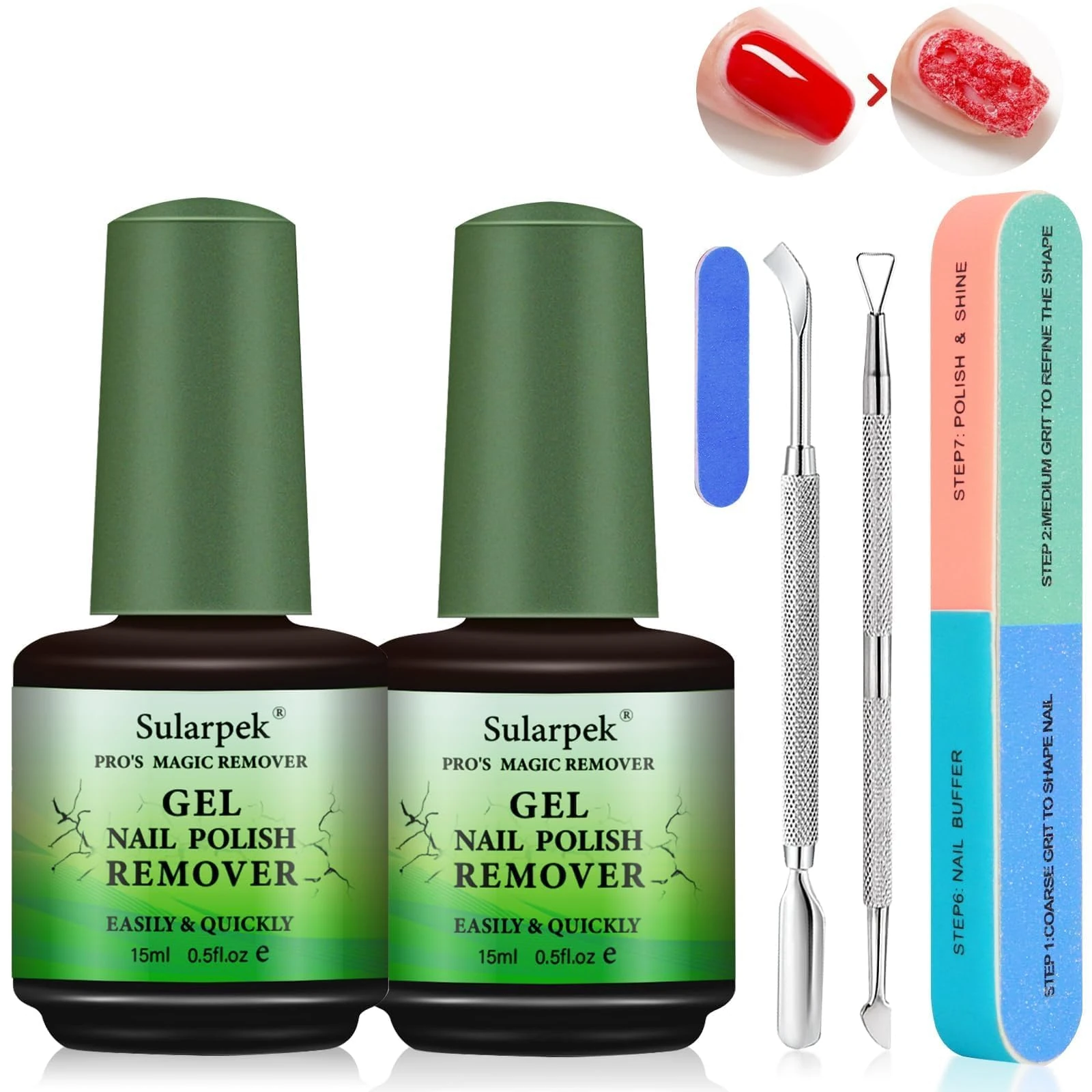 Sularpek 2 Pack 15ml Gel Nail Polish Remover, Fast Acting Gentle and Effective Acetone Free Formula for Gel and Regular Polish Removal, Professional Strength Soak Off Solution for Salon and Home Use