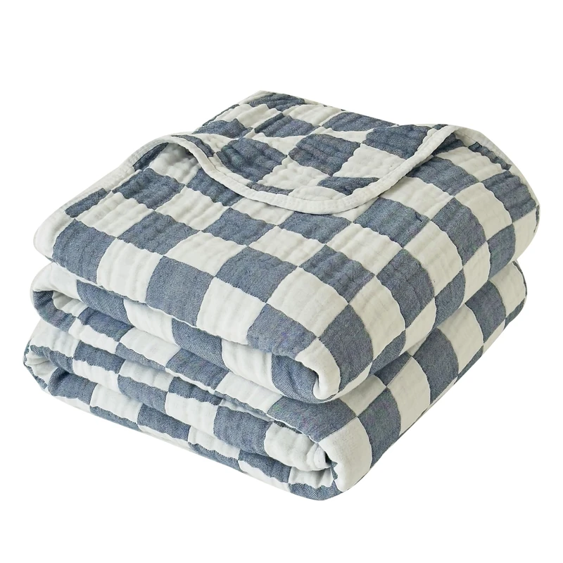 Ultra Soft Cozy 6-Layer Checkered Muslin Blankets for Adults 100% Cotton King Size 90"x104" Bed Blanket Breathable Lightweight Suitable for All Seasons Both Sides Blue