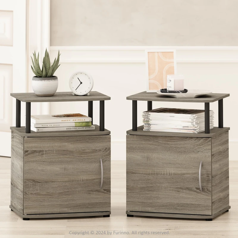 Furinno TIDUR Night Stand Set of 2, Nightstand with Open Shelf and Door Cabinet, Round Corner Bedside Table, End Table, Side Table, for Bedroom, Living Room, French Oak - Image 1