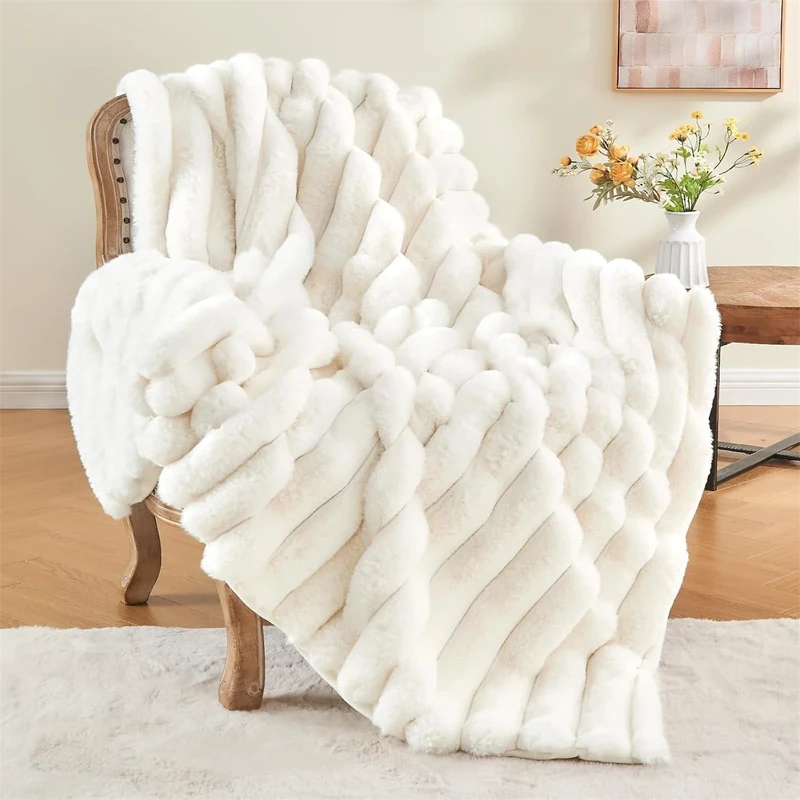 LINGKY Faux Rabbit Fur Luxury Plush Sherpa Throw Blanket - Super Soft Cozy Fuzzy Sofa Blanket Large Fluffy Blankets Warm Bed Throws for Couch Bed Sofa, 180x230cm, Striped White