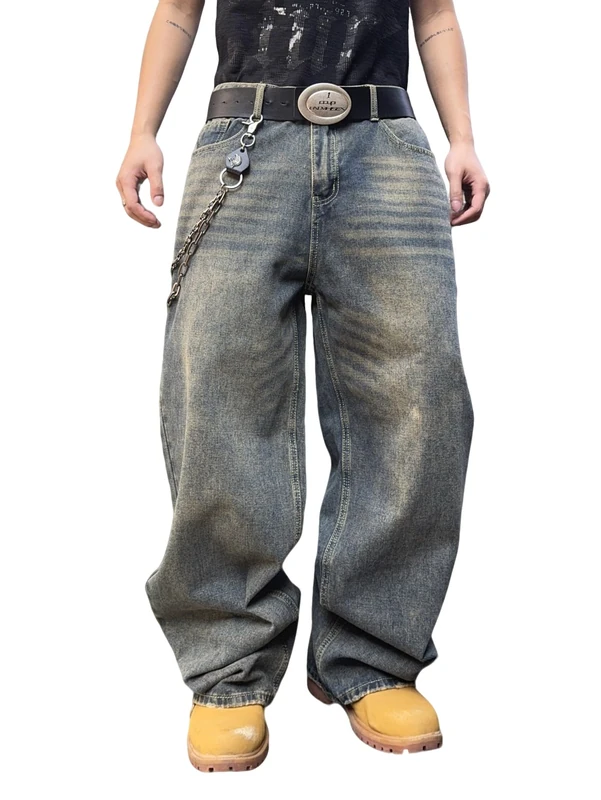 DFGIGT Mens Streetwear Hip Hop Baggy Jeans Wide Leg Skater Denim Pants Loose Long Trousers, B10 Retro Blue, Small