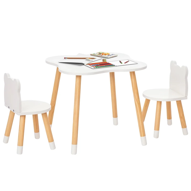 HOMCOM Kids Table and Chair Set, 3-Piece Childrens Table and Chair Set with 2 Bear-Shaped Chairs, for Playroom, Nursery, Living Room, White