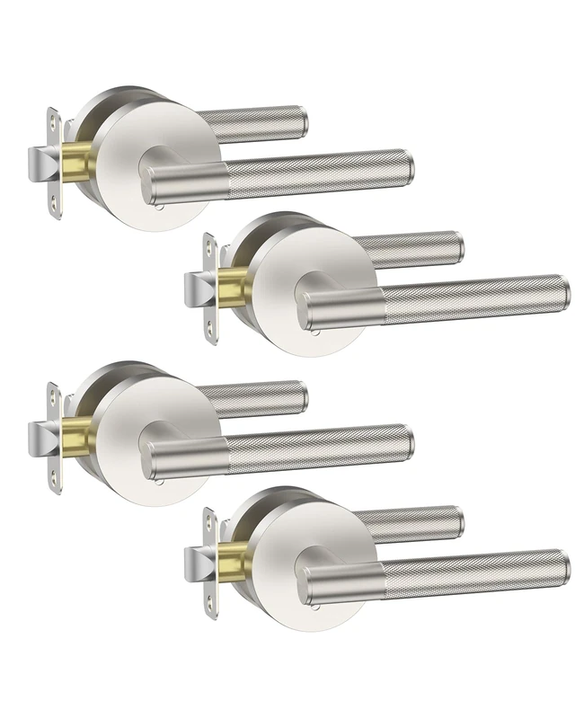 Asidrama 4 Pack Privacy Brushed Satin Nickel Door Handles, Door Lever with Door Knobs Indoor for Bedroom or Bathroom, Heavy Duty Door Handles Interior with Locks for Left Right Sided Doors