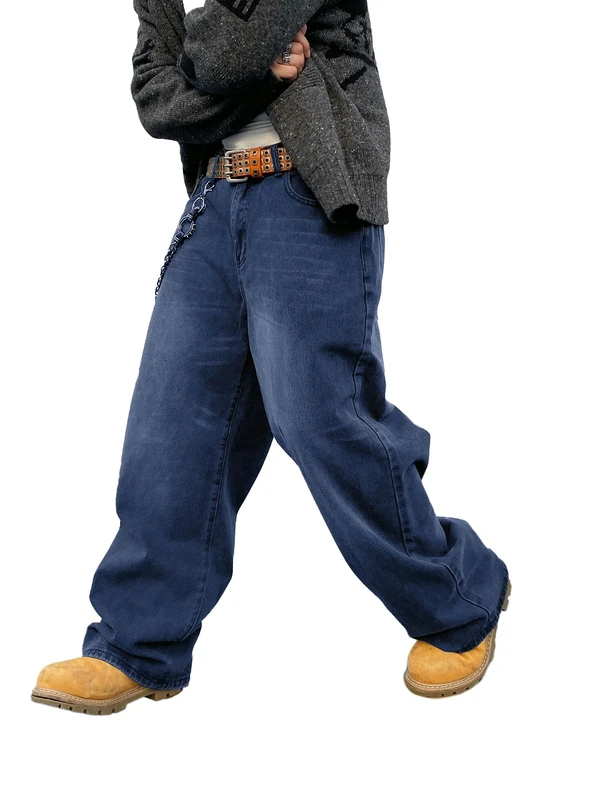 DFGIGT Men's Baggy Hip Hop Jeans Wide Leg Skater Denim Pants Casual Loose Fit Long Trousers Streetwear, C10 Medium Blue, Large