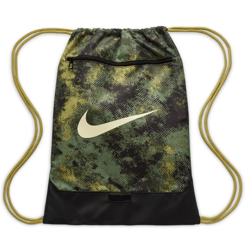 NIKE Brasilia Drawstring 9.5 Camo Aop Gym Bag, One Size, Oil Green/Black/Coconut Milk