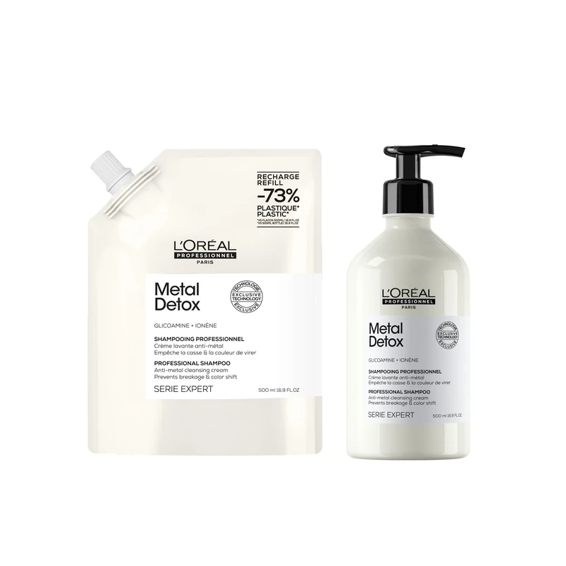 L’Oréal Professionnel Metal Detox Shampoo & Refill Big pack bundle 1L (2x 500ml), Prevent Breakage & Colour Fade from hard water, prevent Damaged Hair, Sulphate-Free & Vegan