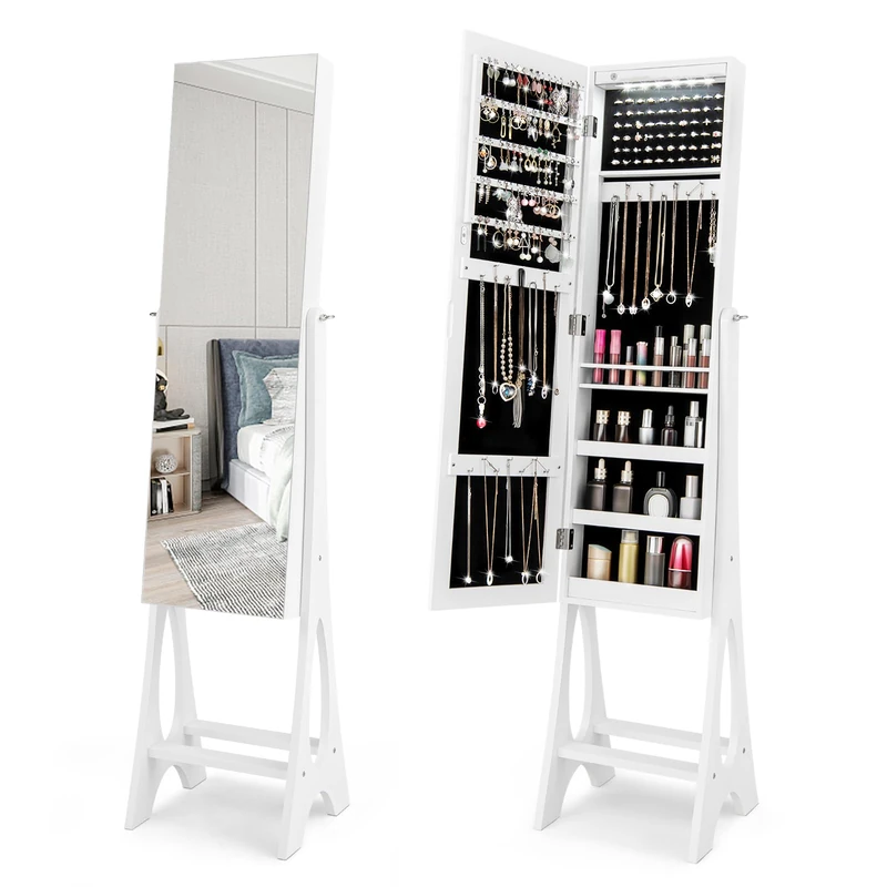 COSTWAY Jewellery Cabinet Lockable 2-in-1 Full-Length Mirror with Jewellery Storage Mirror Cabinet with 12 LEDs Freestanding (White) - Image 1