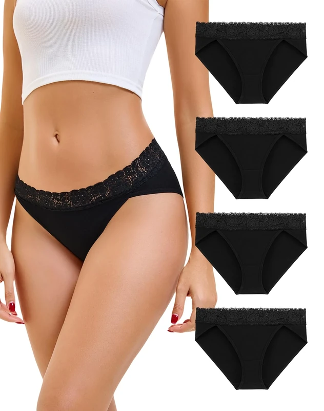 INNERSY Black Knickers for Women Lace High Leg Bikini Brief Underwear Soft Cotton Pants Pack of 4(12, Black)