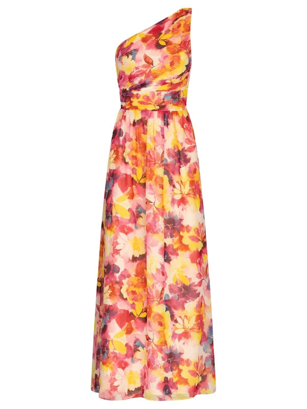 APART Fashion One-Shoulder Chiffon Dress, Pink Multi-Coloured, 20