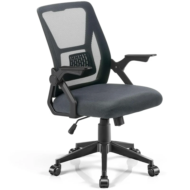 VECELO Office Chair Ergonomic Desk Height-Adjustable with 90° Flip-up Armrests and Mesh Lumbar Support Silent Casters for Computer Task Work