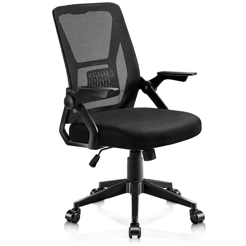 VECELO Office Chair Ergonomic Desk Height-Adjustable with 90° Flip-up Armrests and Mesh Lumbar Support Silent Casters for Computer Task Work