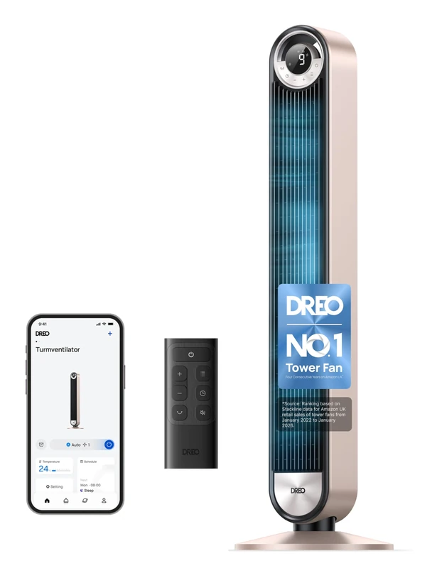 DREO 25dB Smart Tower Fan, 8.4m/s Velocity Standing Fan for Bedroom, 9 Speeds 4 Modes Upgraded DC Cooling Fans, 90° Oscillating Bladeless Electric Fans, 12H Timer, WiFi/Alexa/Remote Control, Starlight