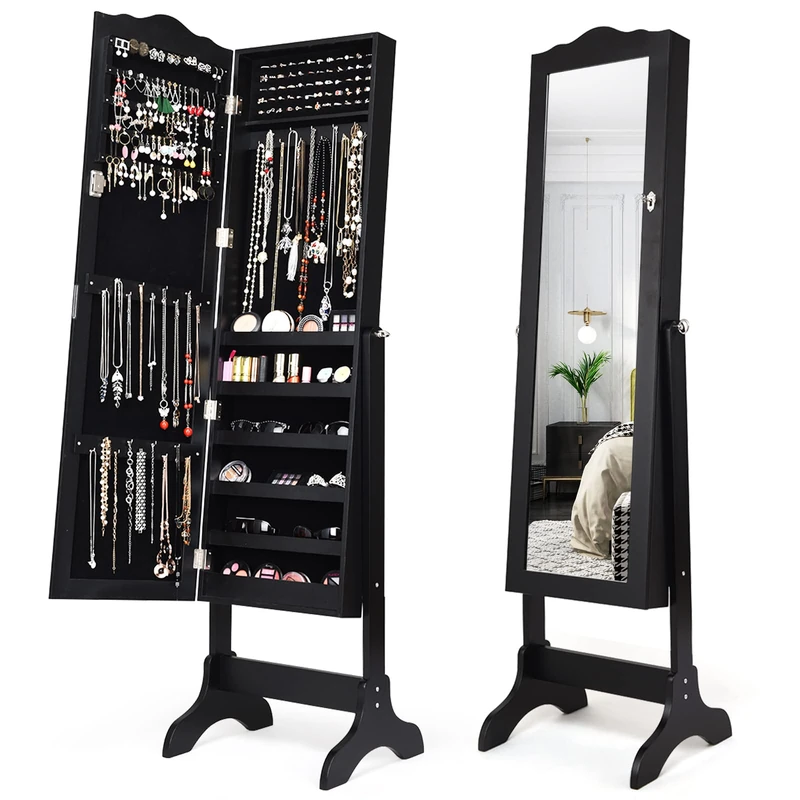 COSTWAY Jewellery Cabinet, Jewellery Rack Lockable, Jewellery Mirror Cabinet with Full-Length Mirror for Make-Up, Adjustable Tilt (Black) - Image 1