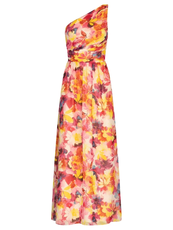 APART Fashion Women's One-Shoulder Chiffonkleid Dress, Pink Multi-Coloured, 14