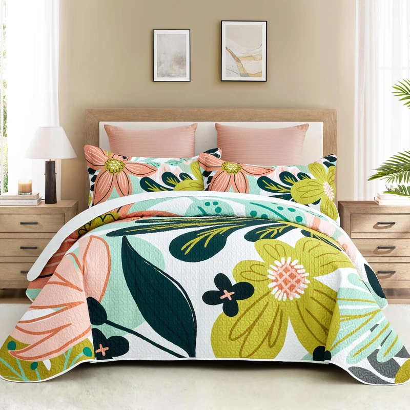 Tyrot 3 Piece Boho Floral King Size Quilt Sets Farmhouse Reversible Lightweight Bedspread Coverlet with 2 Shams Mid Century Botanical Leaves Microfiber Bedding Quilts Set for All Season, 106''x96''