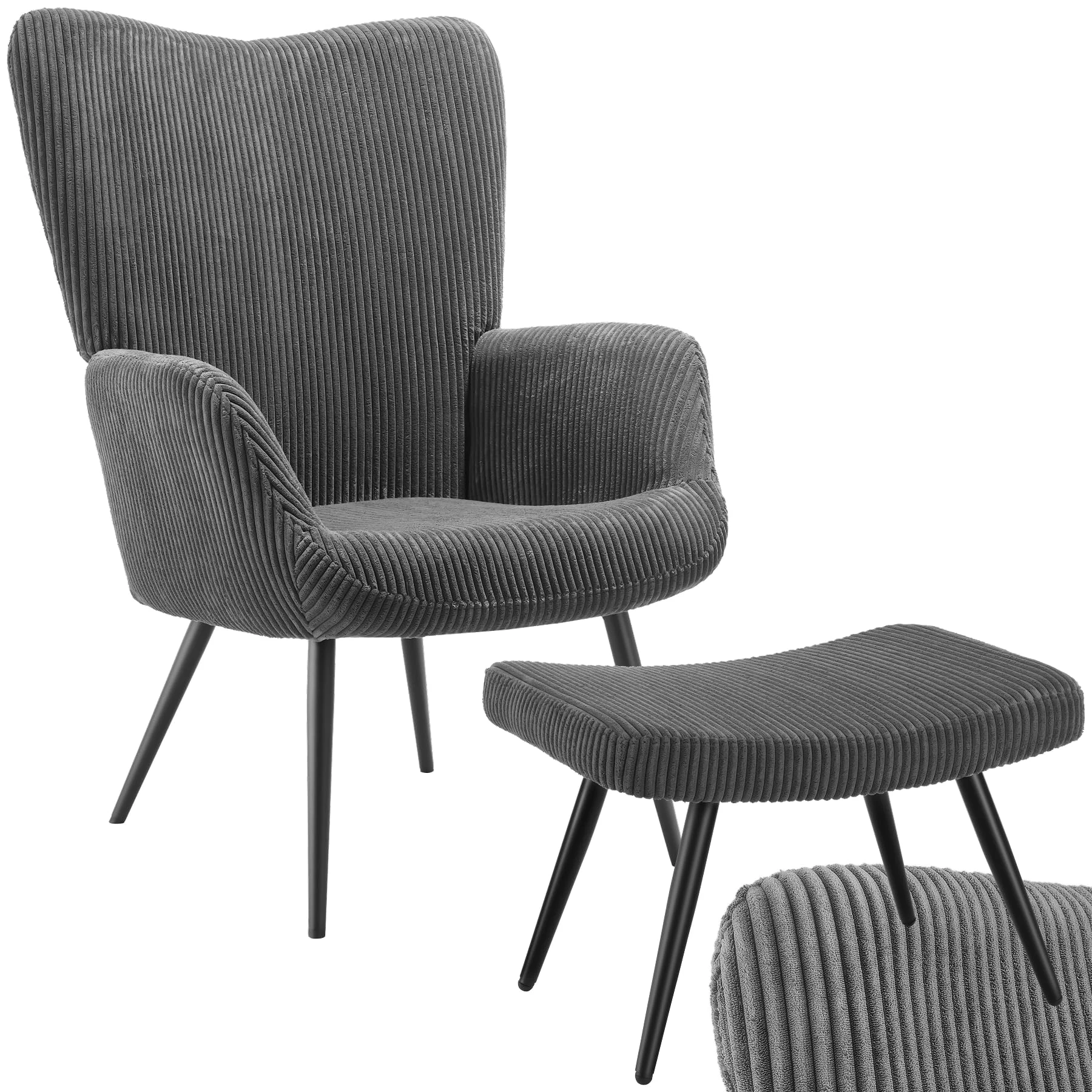 TecTake® Armchair with Footstool in Scandi Style, Soft Corduroy Cover, Thick Padding, Robust Steel Legs, Ergonomic Backrest & Non-Slip Feet, Cosy Living Room Chair & Bedroom Chair - Anthracite/Black