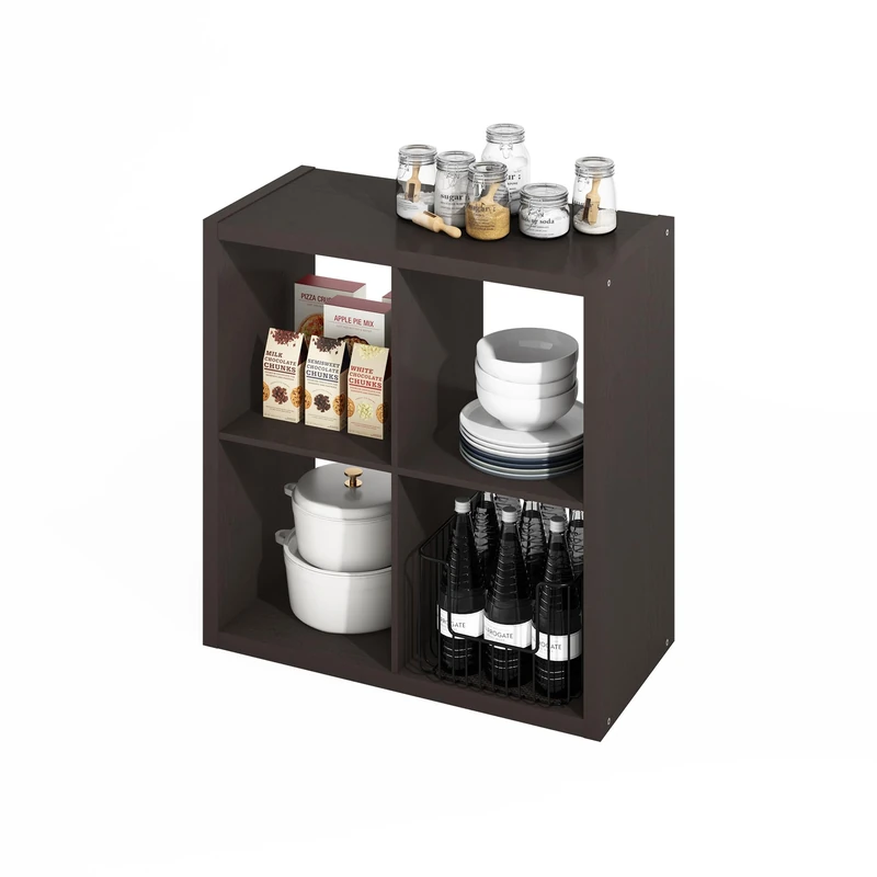 Furinno HERMITE Kitchen Island, 4-Cube Coffee Bar, Kitchen Storage, Bakers Rack, for Pantry Organizers and Storage, Kitchen Organization, Dark Oak
