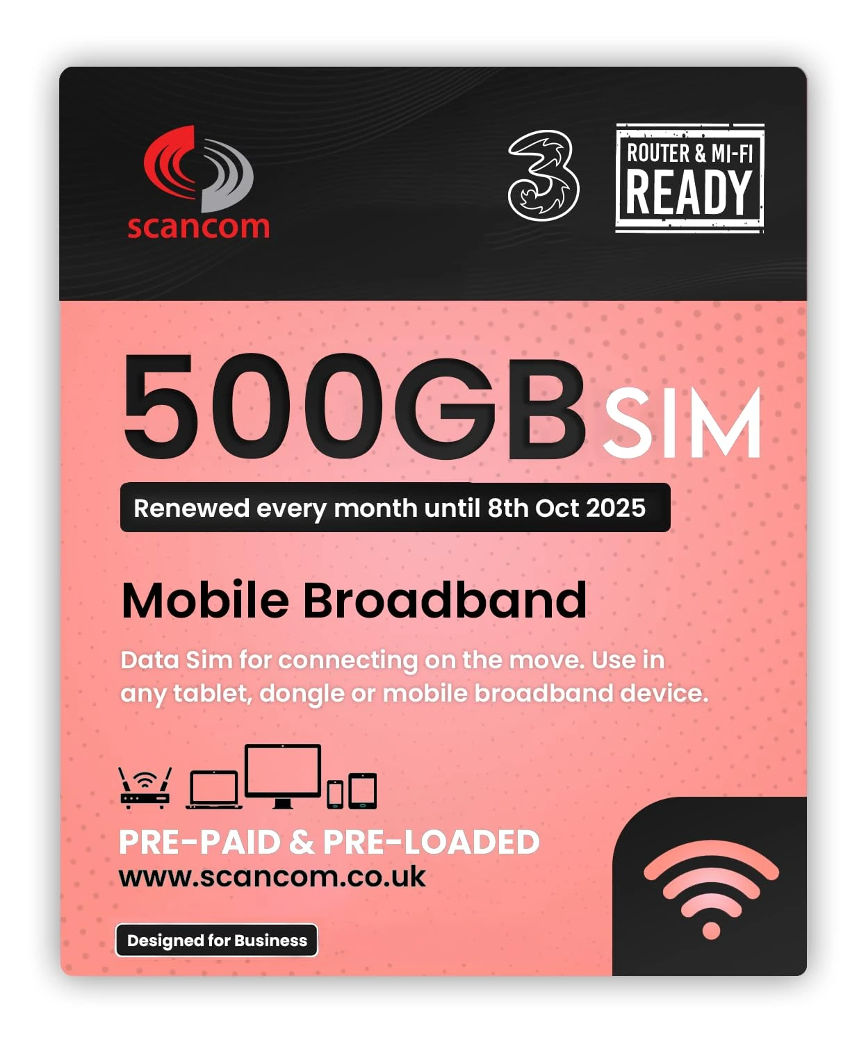Three 500GB Data SIM - Uncapped 5G - Preloaded MONTHLY Until October 2025 - Plug & Play for Routers & Phones - Access to Three & Vodafone - Connects to the Strongest Signal available
