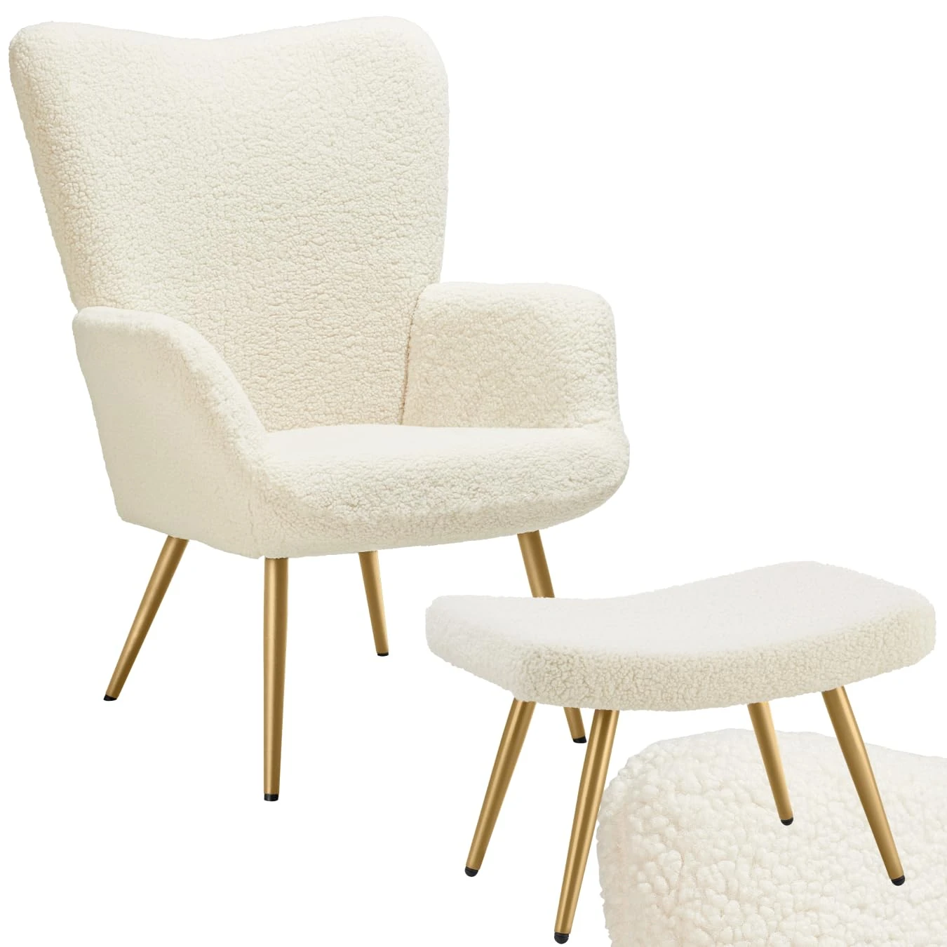 TecTake® Armchair with Footstool in Scandi Style, Soft Bouclé Cover, Thick Padding, Robust Steel Legs, Ergonomic Backrest & Non-Slip Feet, Cosy Living Room Chair & Bedroom Chair - Cream/Gold