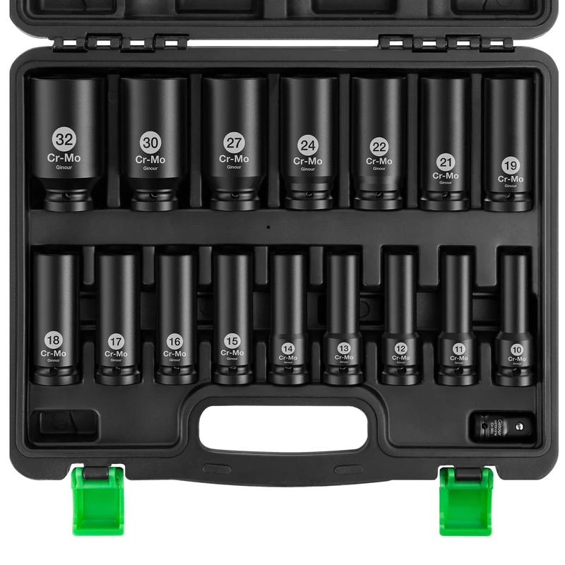 Ginour Impact Socket Set 1/2 Inch, 17PCs Drive Master Deep Impact Socket Set 10mm - 32mm, Metric, Cr-Mo, 6 Point, with 3/8'' to 1/2'' Adapter
