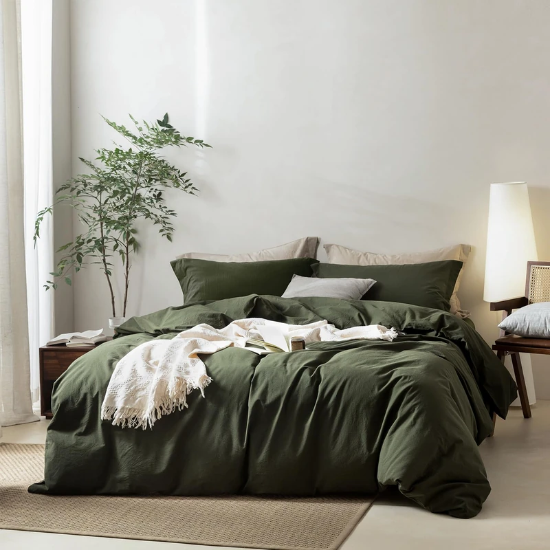 BDEAR Olive Green Duvet Cover Set Set Twin Size 90'' L x 68'' W, 100% Washed Cotton Duvet Cover with Zipper Closure Plus 1 Pillowcase, Oeko TEX Standard 100 Certificated, Cozy Feel