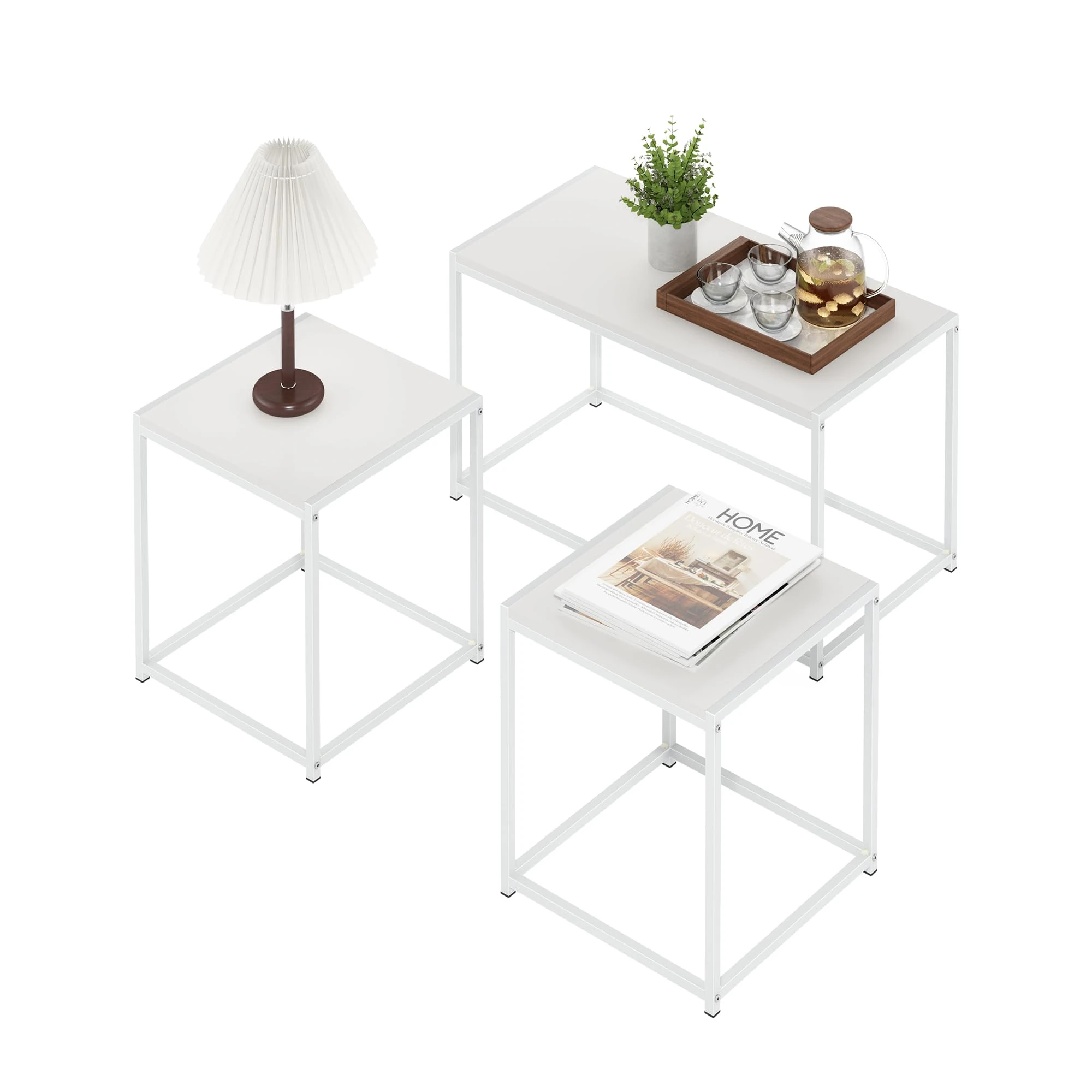 Furinno Camnus Modern Living Room Table Set with One Coffee Table and Two End Tables, Solid White/White