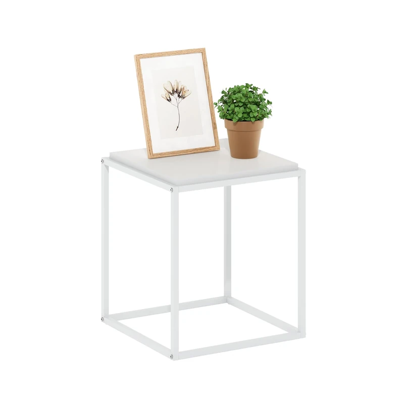 Furinno MORETTI Side Table, 1-Tier Stackable Metal Frame End Table, Night Stand, Bedside Table, Toolless Assembly, for Living Room, Bedroom, Solid White