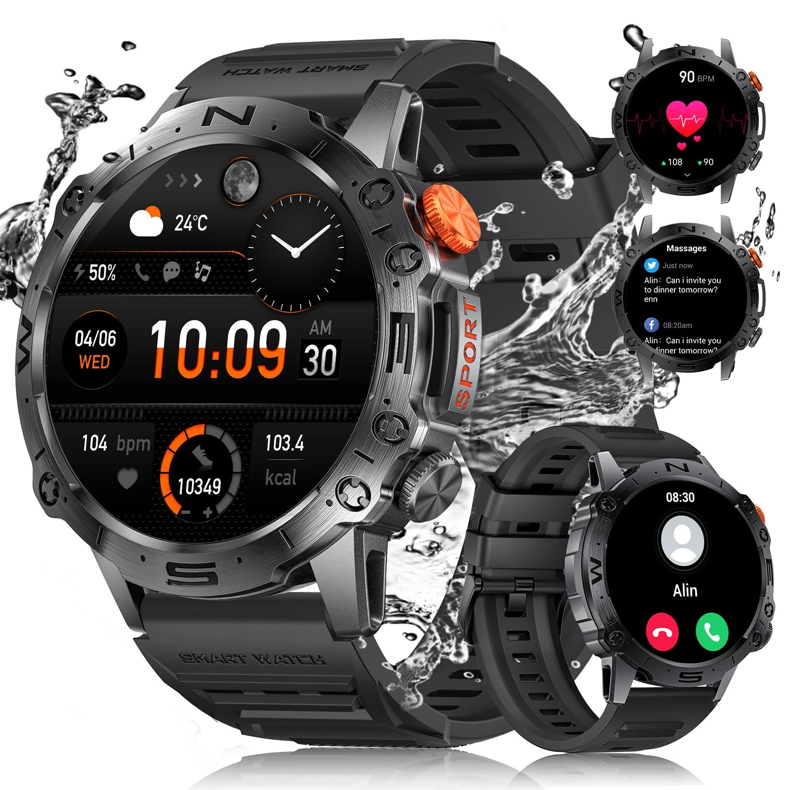 LIGE Smart Watch for Men with Flashlight,1.75" BIG Screen Smart Watch with 800mAh,100+ Sports Modes for Android iOS,Fitness Tracker with Heart Rate/Sleep Tracking/Blood Oxygen (EF15-O)