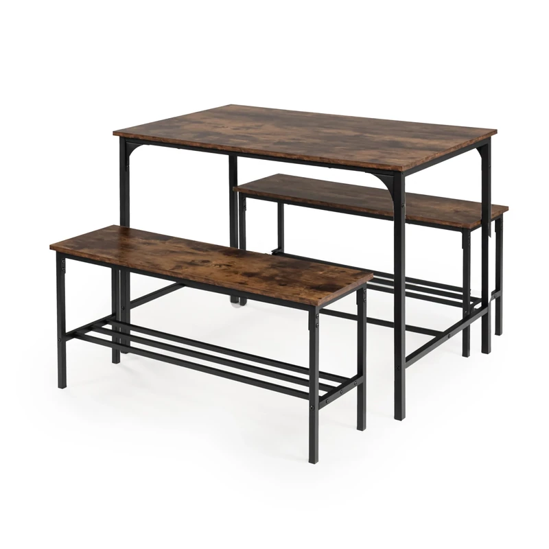 FurnitureR Dining Table with 2 Storage Benches, 3 Piece Set, 110 x 70 x 75 cm Kitchen Table, 2 Storage Benches of 100x30x45 cm Each,Vintage Wooden Top & Black Metal Frame, Rustic Brown and Black
