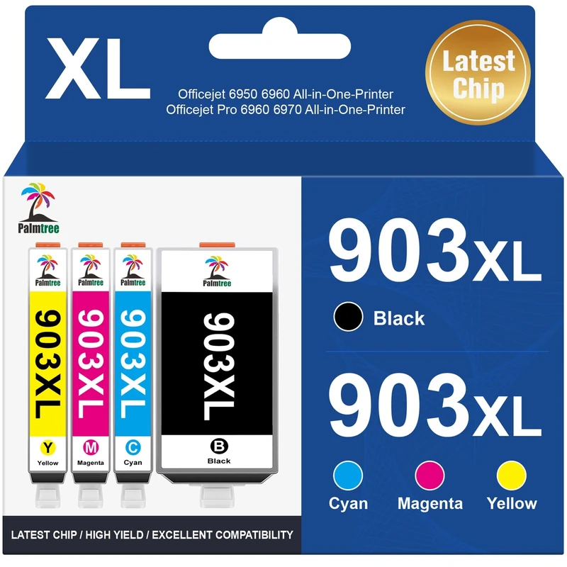 Palmtree 903XL Replacement for HP 903XL Ink Cartridges Multipack Compatible for HP Officejet 6950 6960 Officejet Pro 6960 6970 (Black Cyan Magenta Yellow)