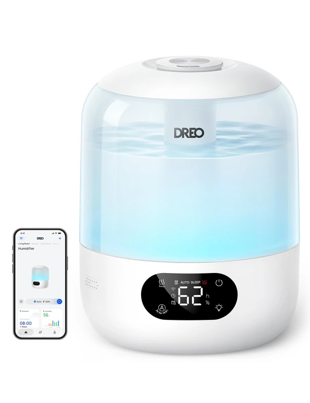 DREO Smart Humidifier for Bedroom with Sensor, 20dB Quiet Cool Mist Ultrasonic Humidifiers for Home, 360° Nozzle, 30H Runtime, Ambient Light Indicator, Essential Oil Diffuser, 5 Custom RGB Lights